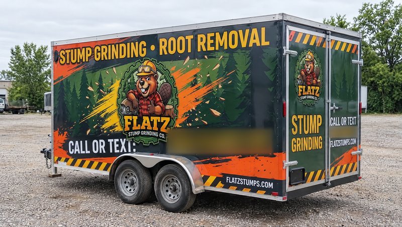Concept mockup: the FLATZ Stump Grinding Co. trailer in a gravel lot, rear three-quarter view of the curb side, with the full side graphic and the rear doors showing a small beaver badge, STUMP GRINDING, CALL OR TEXT with a blurred number, and FLATZSTUMPS.COM.