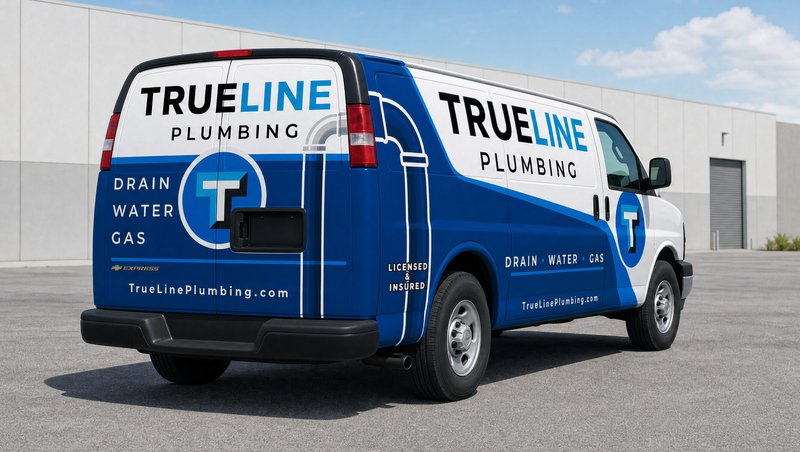 Concept mockup: white Chevrolet Express cargo van, rear three-quarter view, with TrueLine Plumbing lettering and a circular T logo on the rear doors, Drain Water Gas stacked on the left door, and the blue partial wrap continuing along the side.