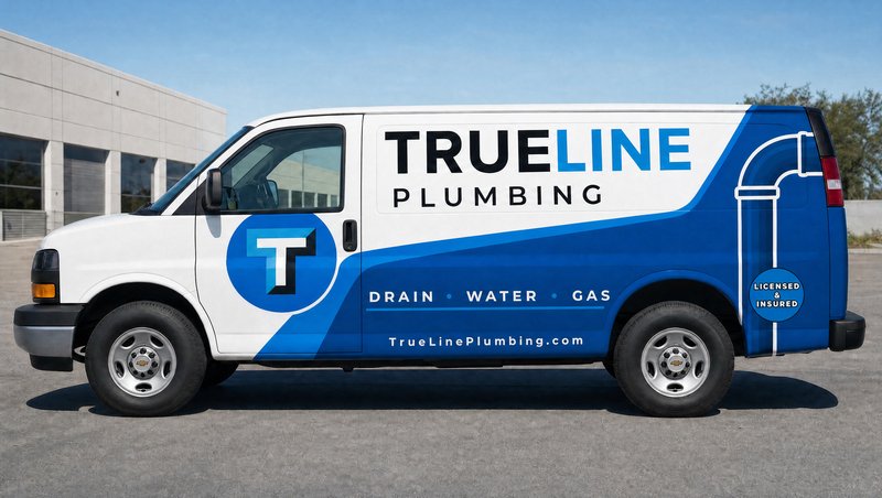 Concept mockup: white Chevrolet Express cargo van, driver-side profile in a paved lot in front of a light commercial building, with a blue and black TrueLine Plumbing partial wrap, a circular T logo on the front door, Drain · Water · Gas on the lower band, and a pipe graphic with a Licensed & Insured badge on the rear quarter.
